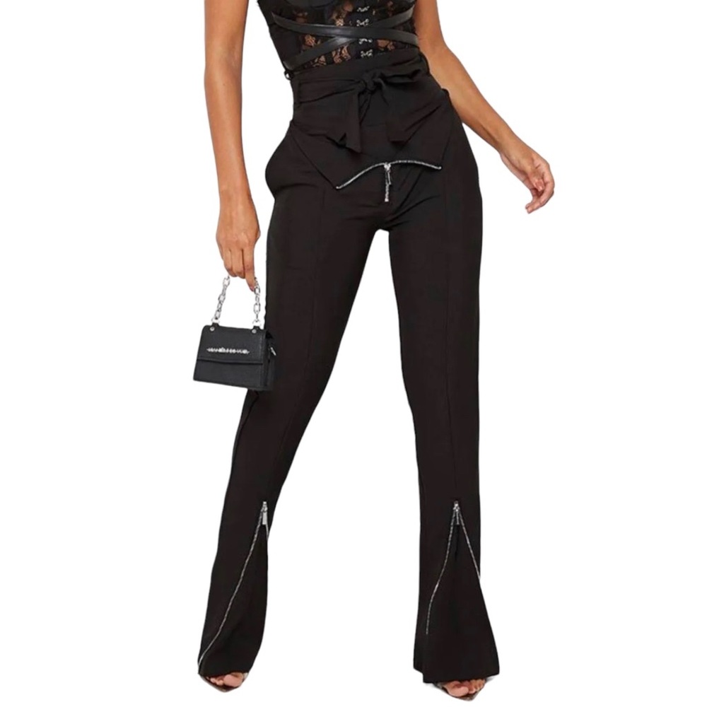 Maniere De Voir Black High Waisted Wide Leg Zipper Trousers